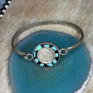 Vintage Sterling Silver Aztec Calendar Coin With Turquoise Inlay Detail Bracelet